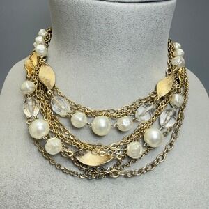 VTG 1960s Multi‎ Strand Necklace 15" Gold Tone Chain Faux Pearl Lucite Statement